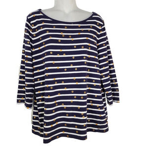 Tabots Womens Top Large Striped Navy White Glitter Gold Dot Bateau 3/4 Sleeve